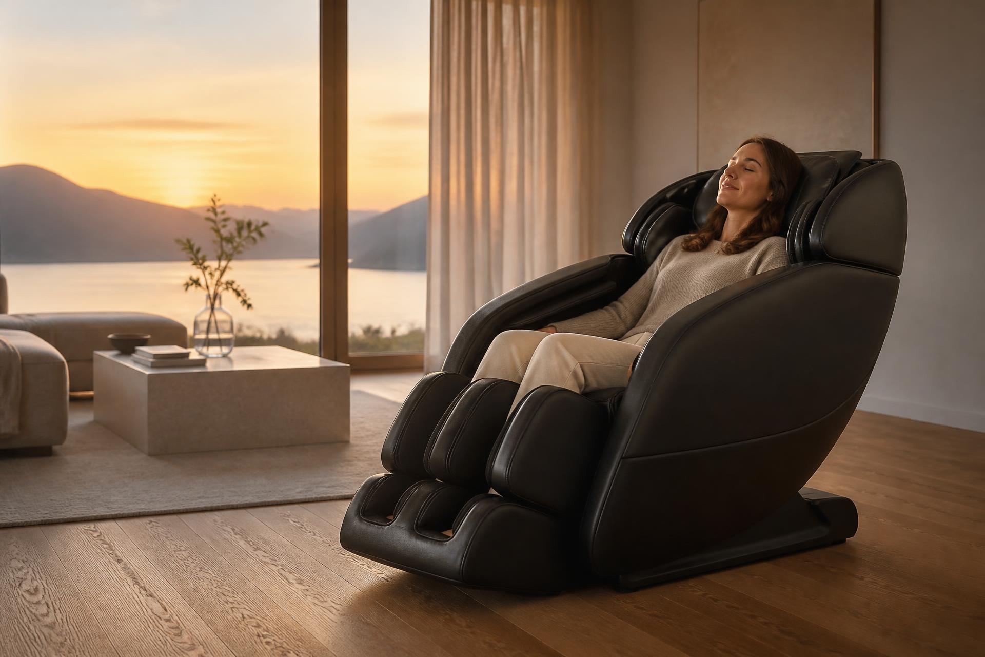 iRELAX Massagesessel in einem modernen Schweizer Wohnzimmer am Abend